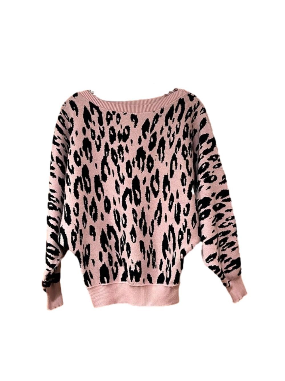 GABERLY Pink Leopard Boat Neck Batwing Sleeves Dolman Knitted Sweaters